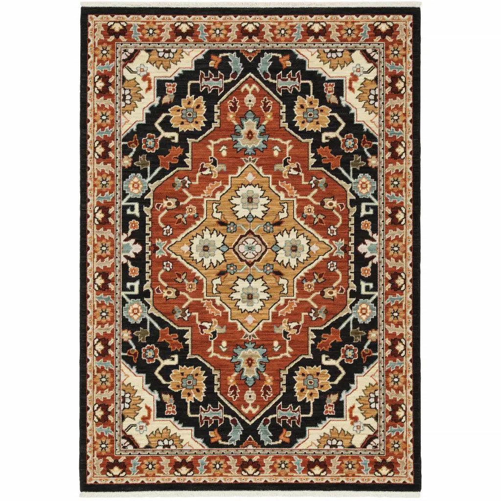 6' X 9' Black Orange And Beige Oriental Power Loom Stain Resistant Area Rug With Fringe - Image 2
