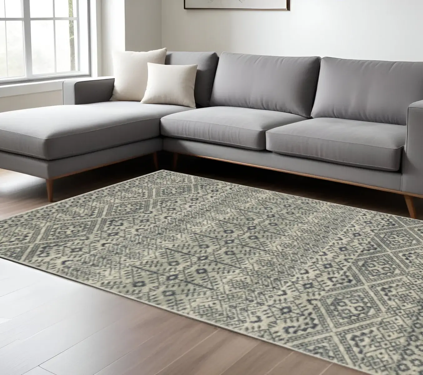 6' X 9' Blue And Beige Geometric Power Loom Stain Resistant Area Rug
