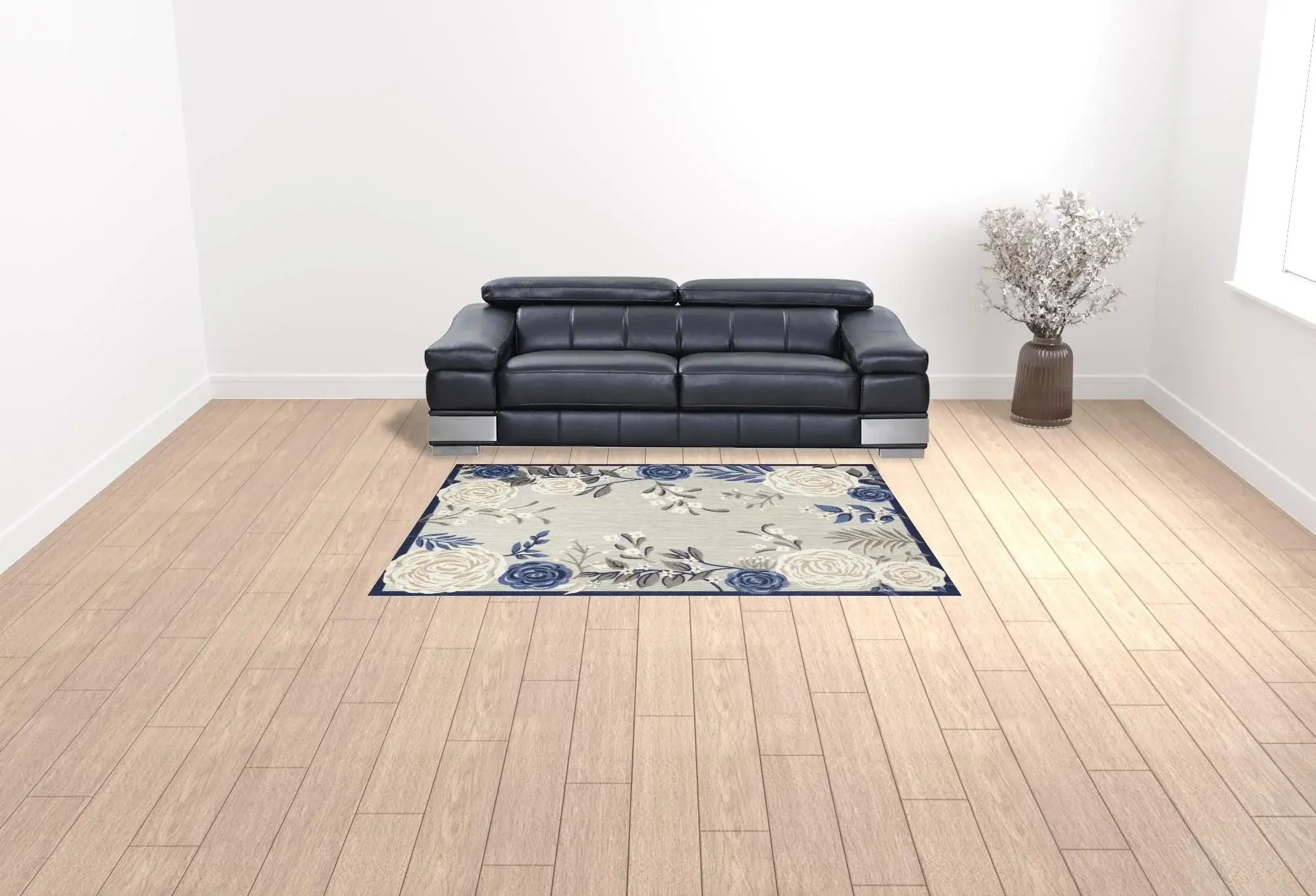 6' X 9' Blue And Grey Floral Stain Resistant Non Skid Area Rug - Image 2