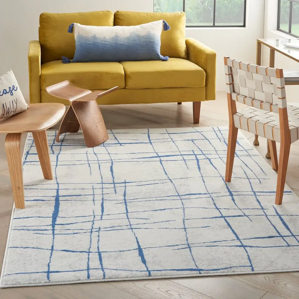 6' X 9' Blue And Ivory Abstract Dhurrie Area Rug - Image 8
