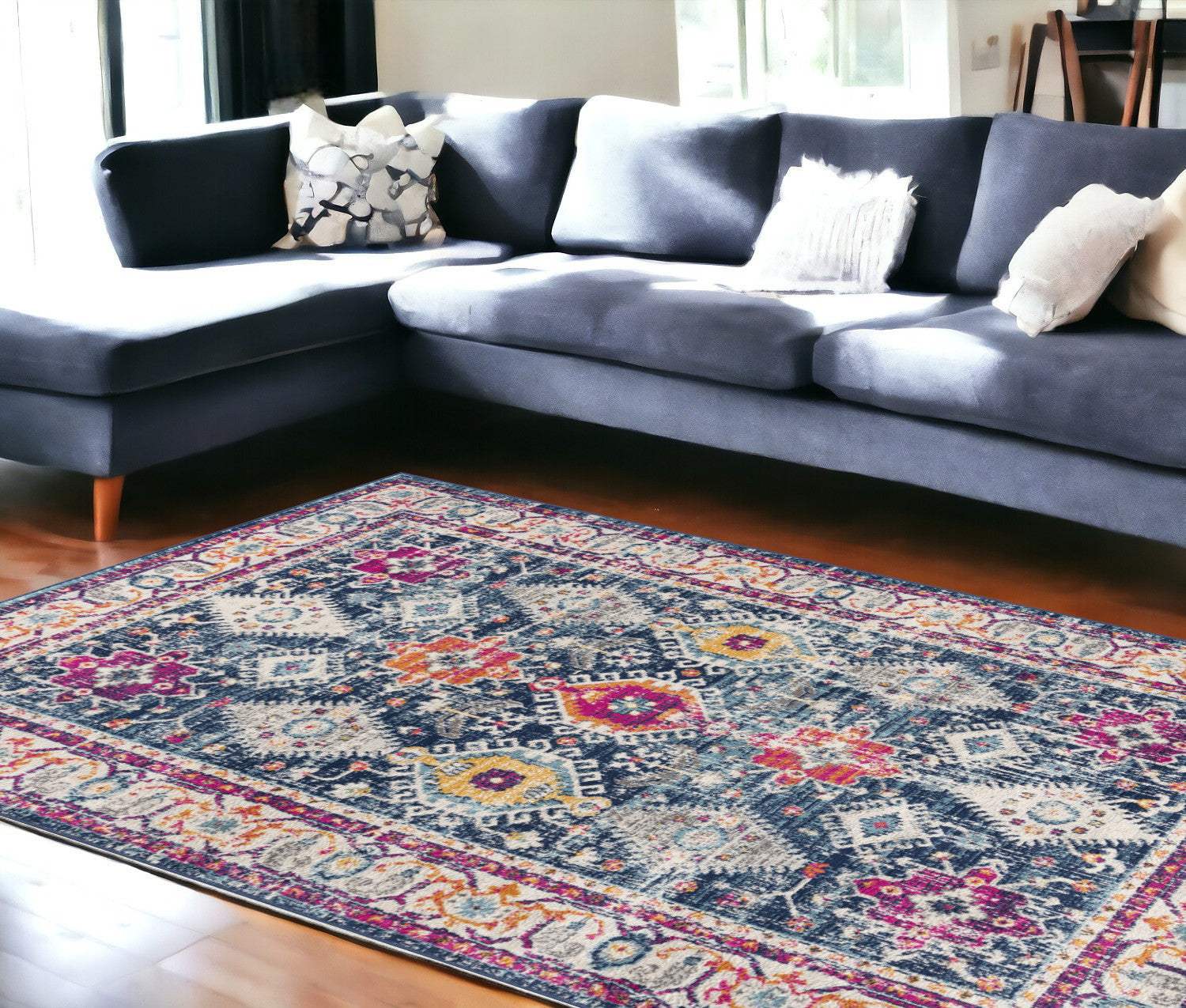 6' X 9' Blue and Ivory Oriental Area Rug