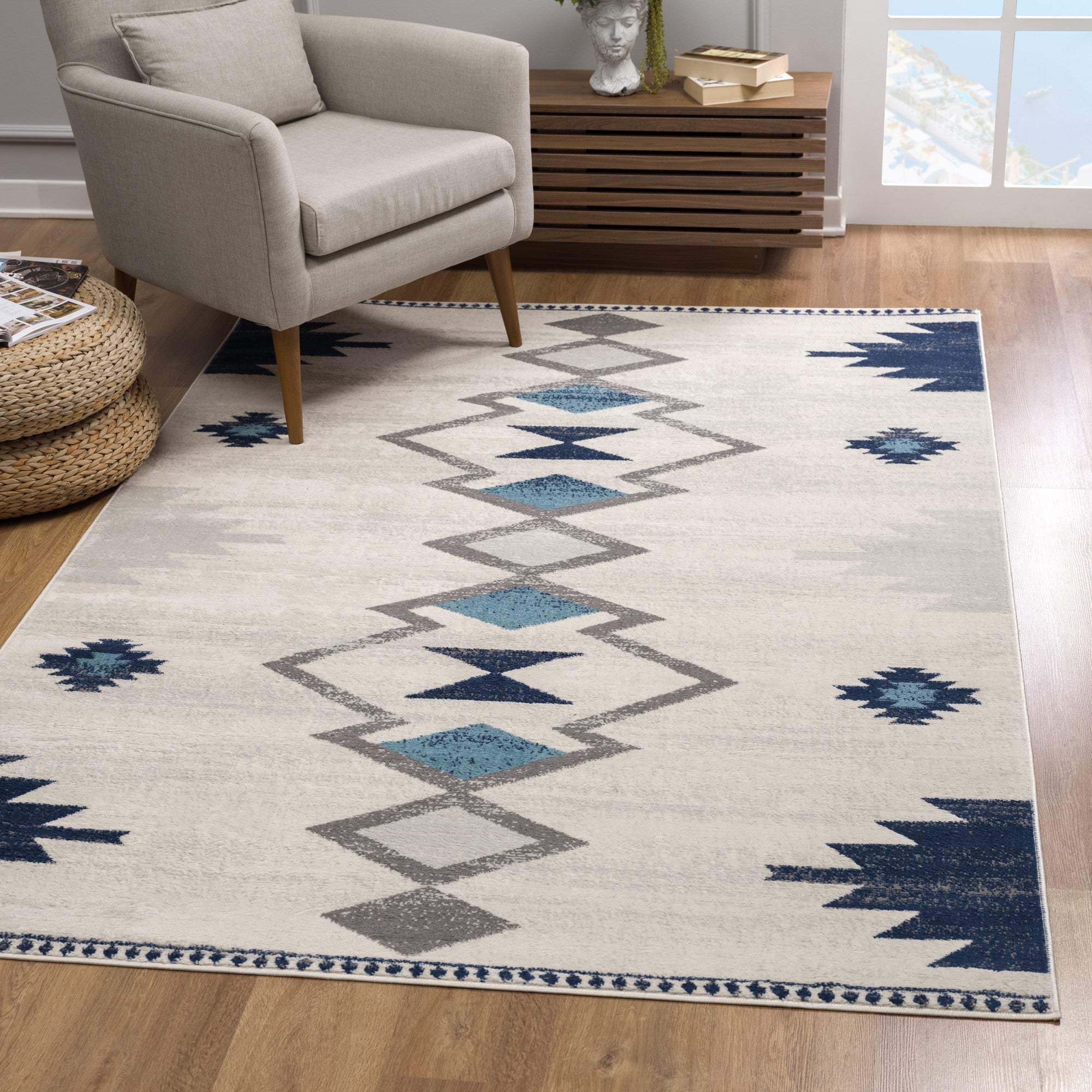 6' X 9' Blue and Ivory Southwestern Area Rug - Image 9