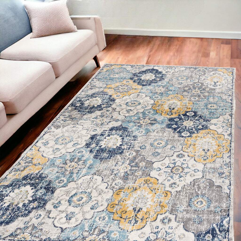 6' X 9' Blue and Yellow Floral Area Rug