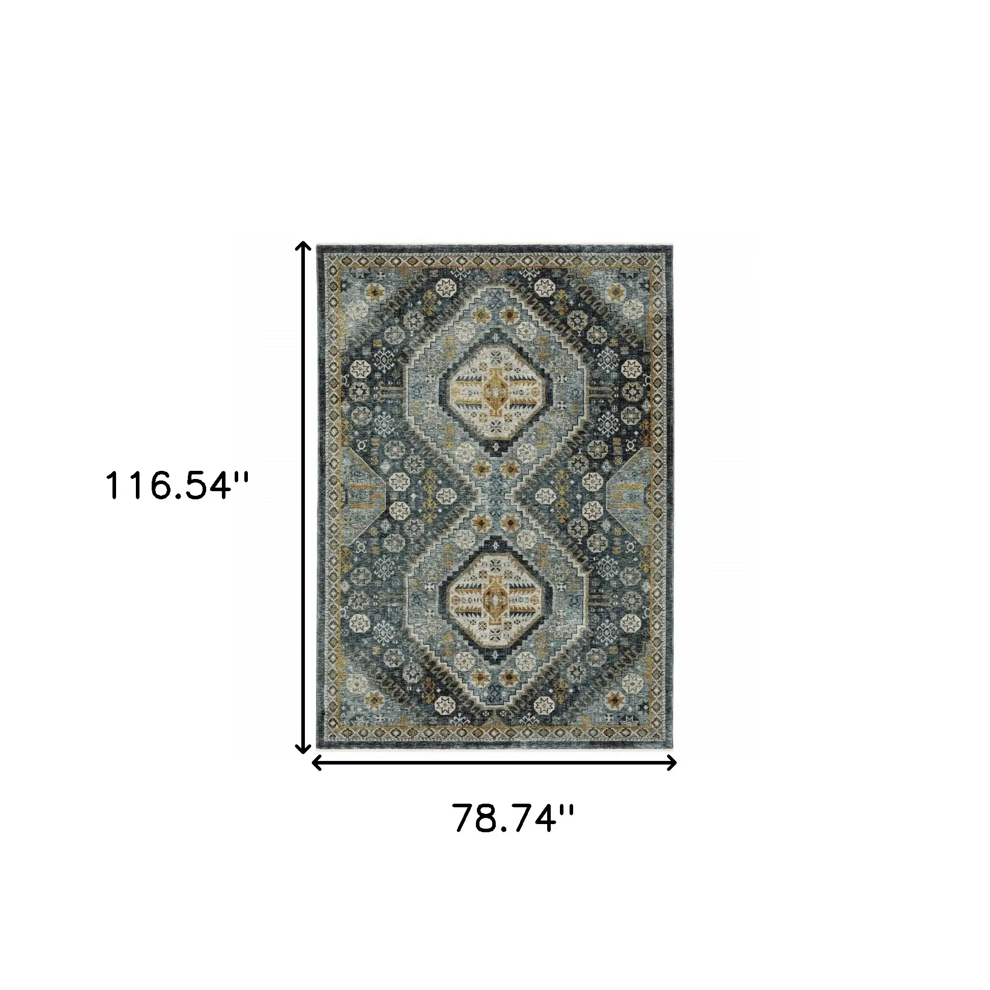 6' X 9' Blue Gold Ivory And Navy Oriental Power Loom Stain Resistant Area Rug With Fringe - Image 3