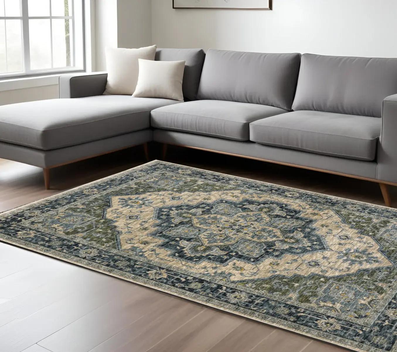 6' X 9' Blue Grey Beige Tan Green And Gold Oriental Power Loom Stain Resistant Area Rug With Fringe
