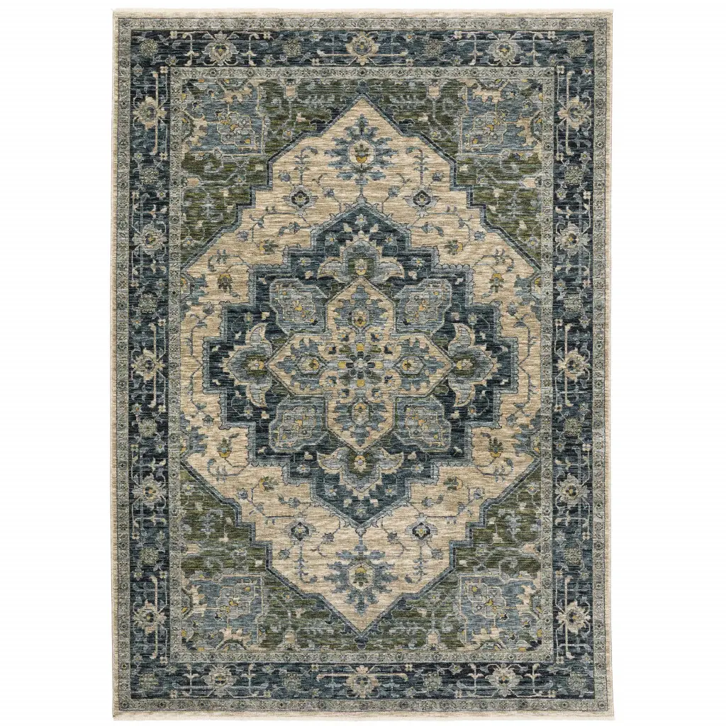 6' X 9' Blue Grey Beige Tan Green And Gold Oriental Power Loom Stain Resistant Area Rug With Fringe - Image 2