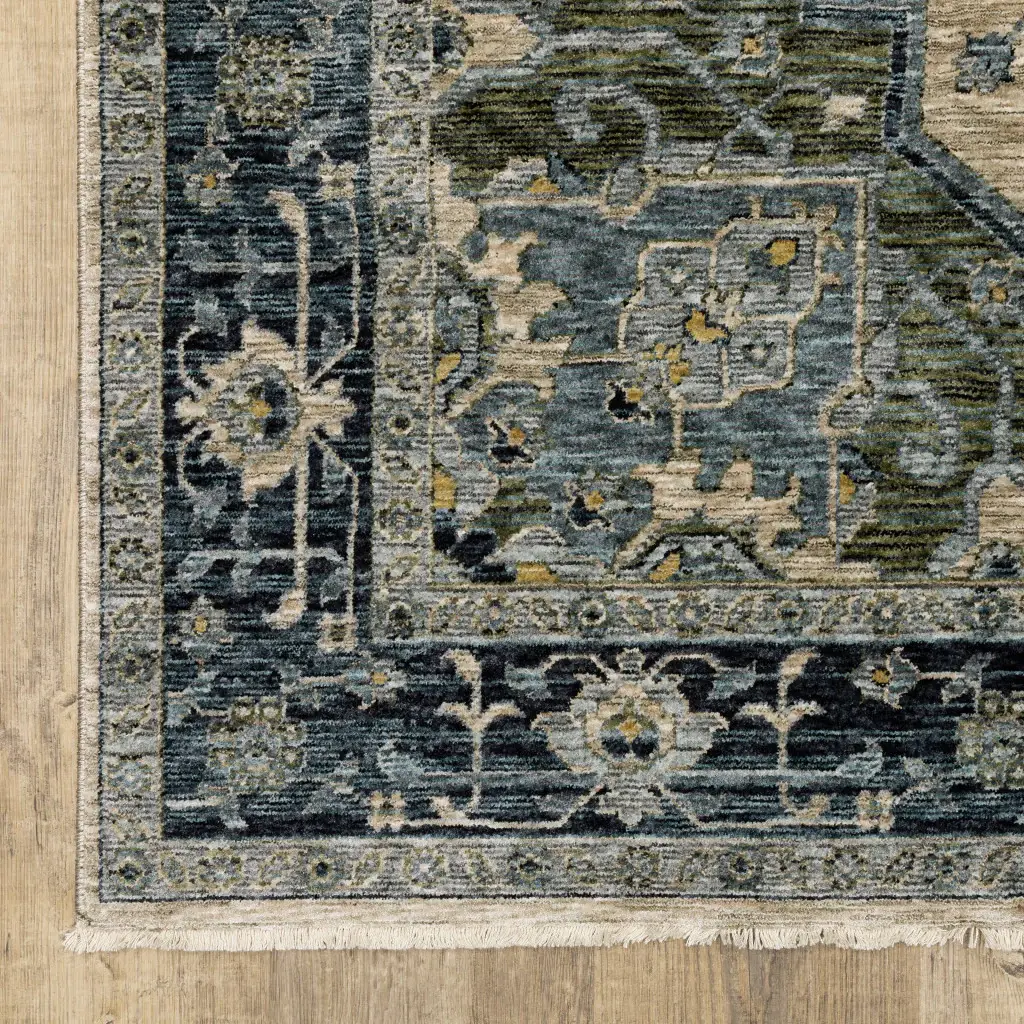 6' X 9' Blue Grey Beige Tan Green And Gold Oriental Power Loom Stain Resistant Area Rug With Fringe - Image 3