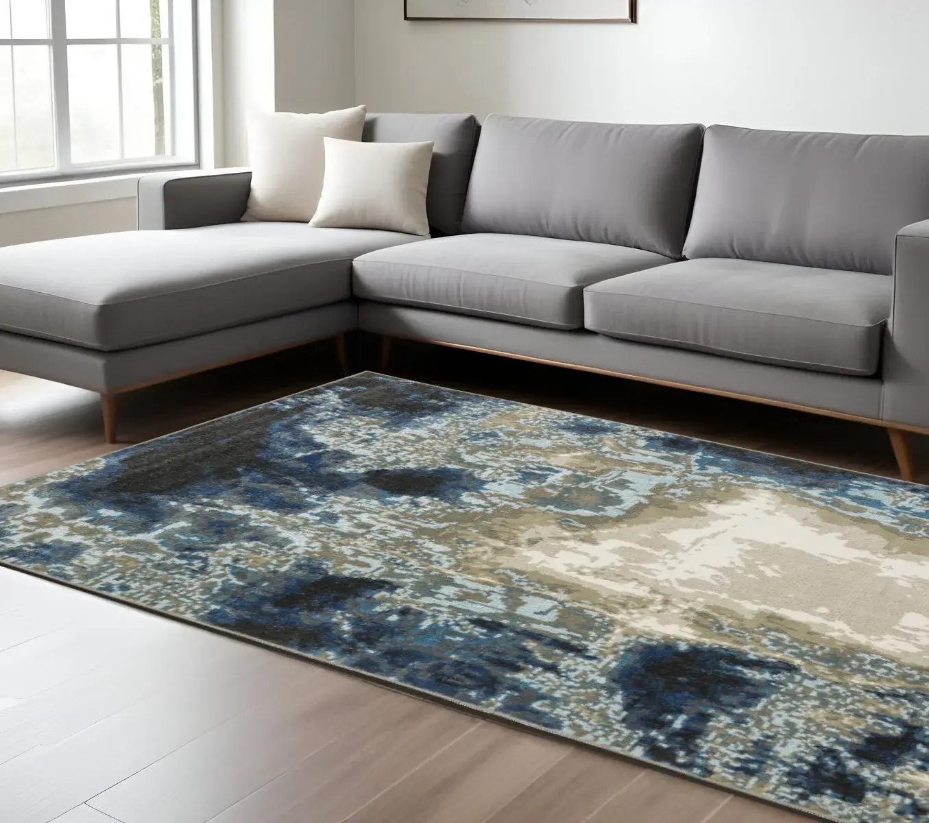 6' X 9' Blue Grey Charcoal And Beige Abstract Power Loom Stain Resistant Area Rug