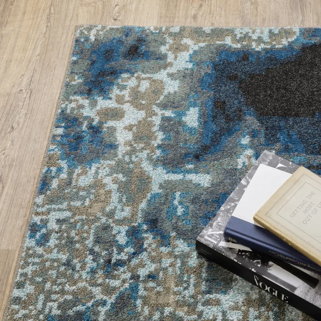 6' X 9' Blue Grey Charcoal And Beige Abstract Power Loom Stain Resistant Area Rug - Image 7