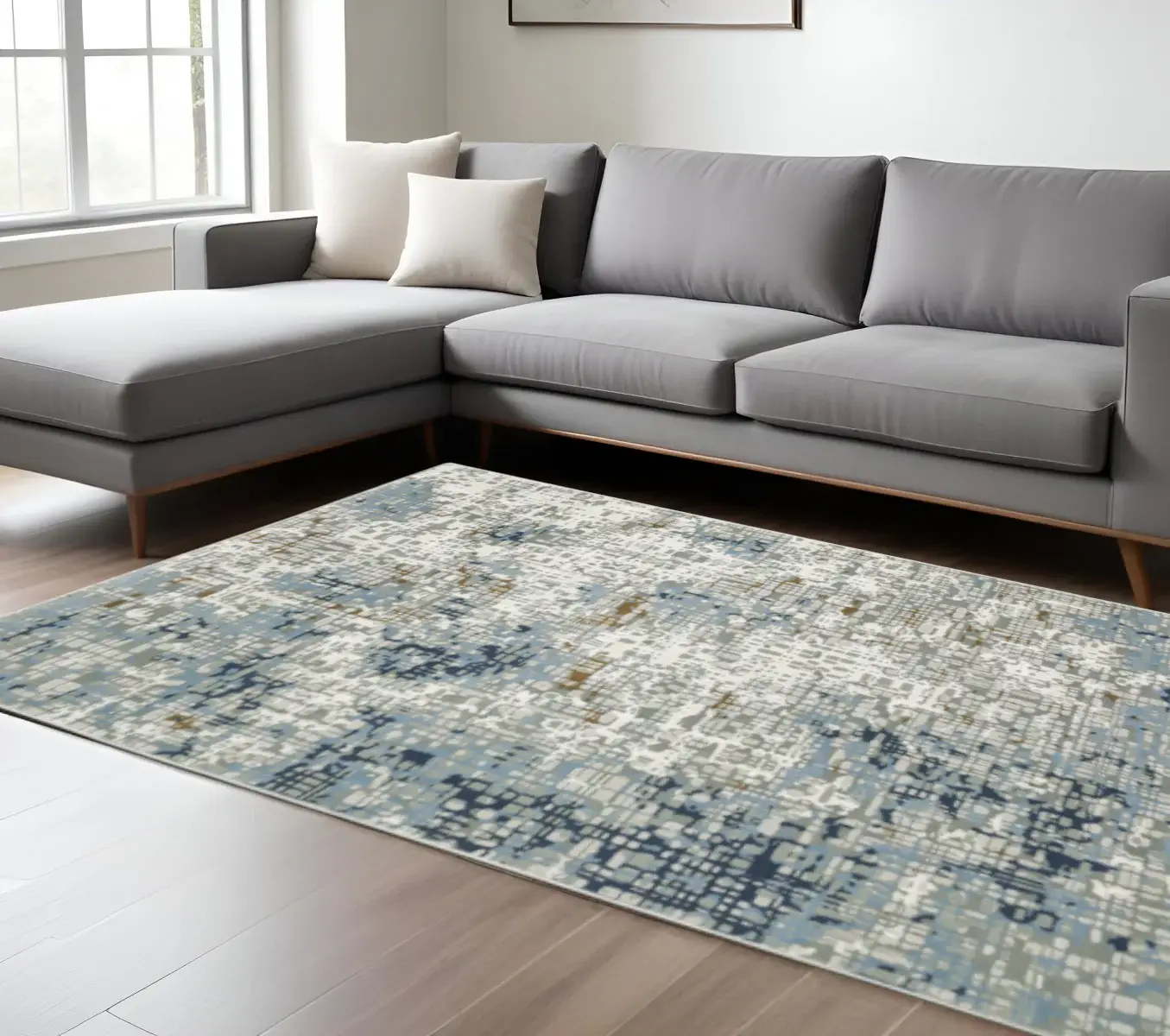 6' X 9' Blue Ivory Grey Brown Beige And Light Blue Abstract Power Loom Stain Resistant Area Rug