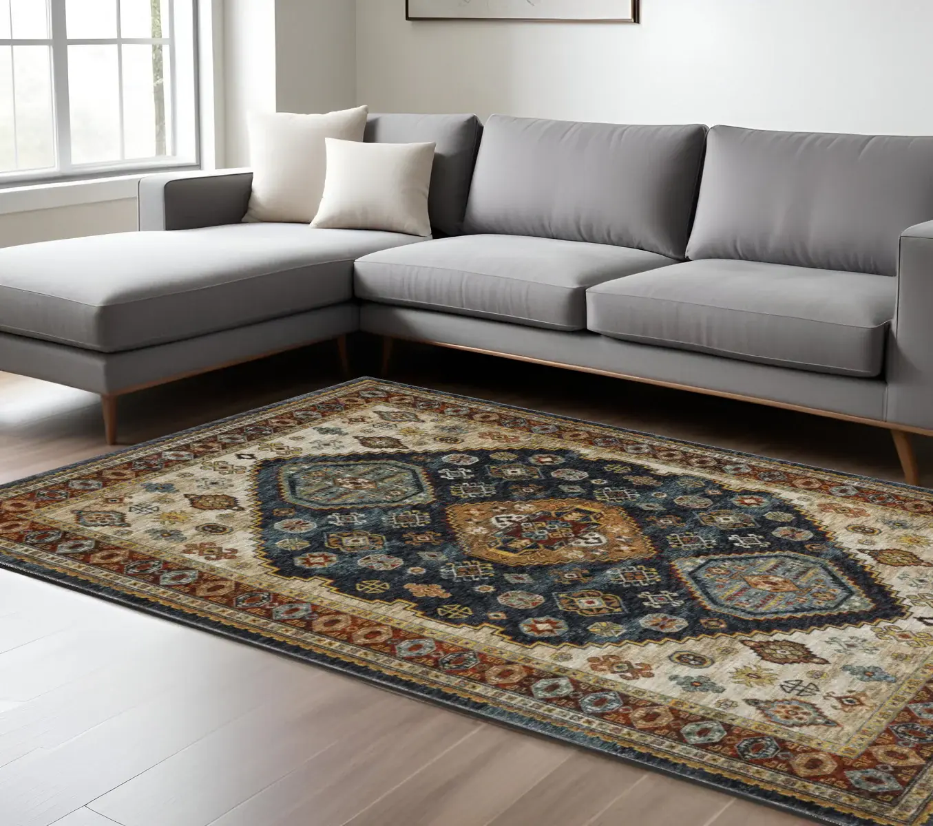 6' X 9' Blue Red Beige Orange Gold And Tan Oriental Power Loom Stain Resistant Area Rug With Fringe