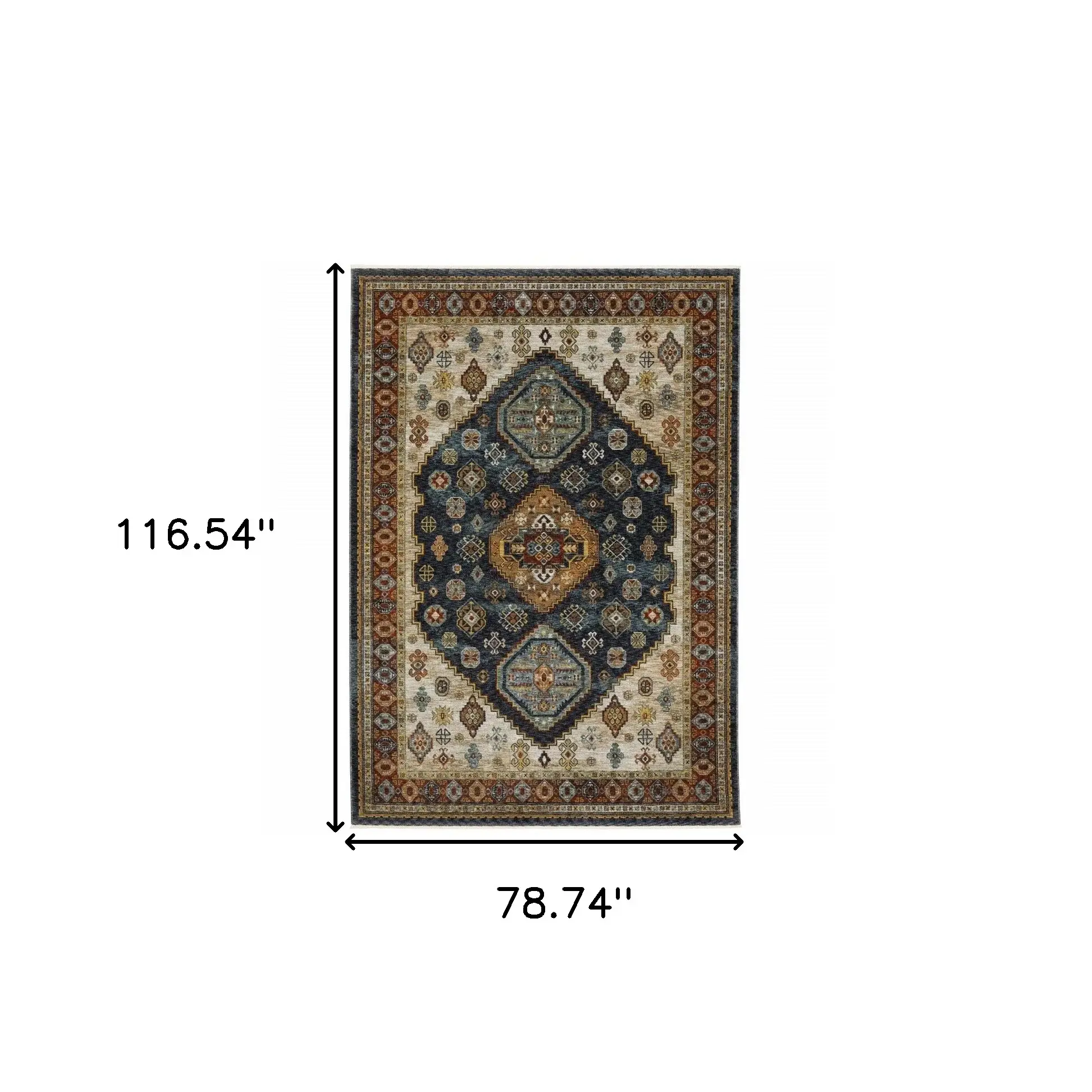 6' X 9' Blue Red Beige Orange Gold And Tan Oriental Power Loom Stain Resistant Area Rug With Fringe - Image 3
