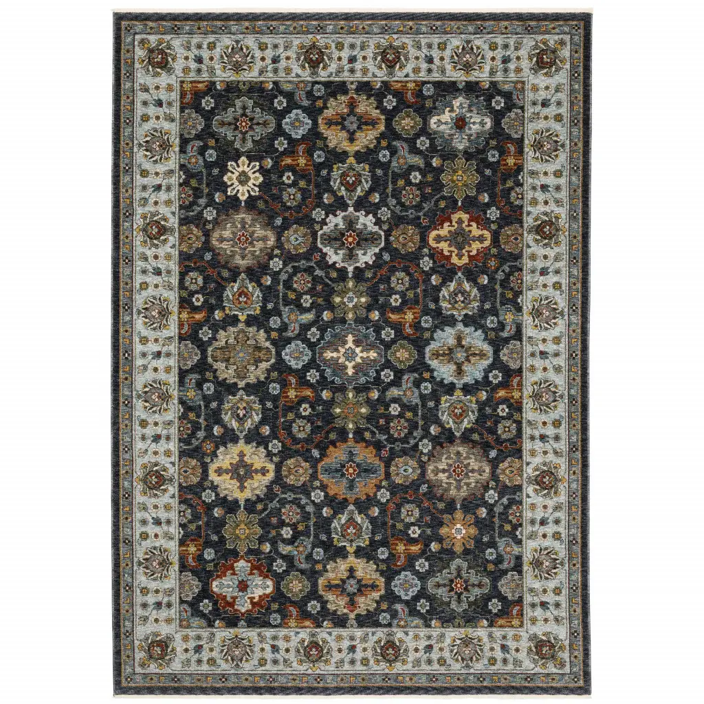 6' X 9' Blue Red Beige Yellow Grey Rust And Gold Oriental Power Loom Stain Resistant Area Rug With Fringe - Image 2