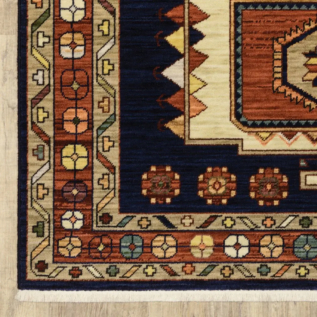 6' X 9' Blue Red Machine Woven Medallions Indoor Area Rug - Image 2