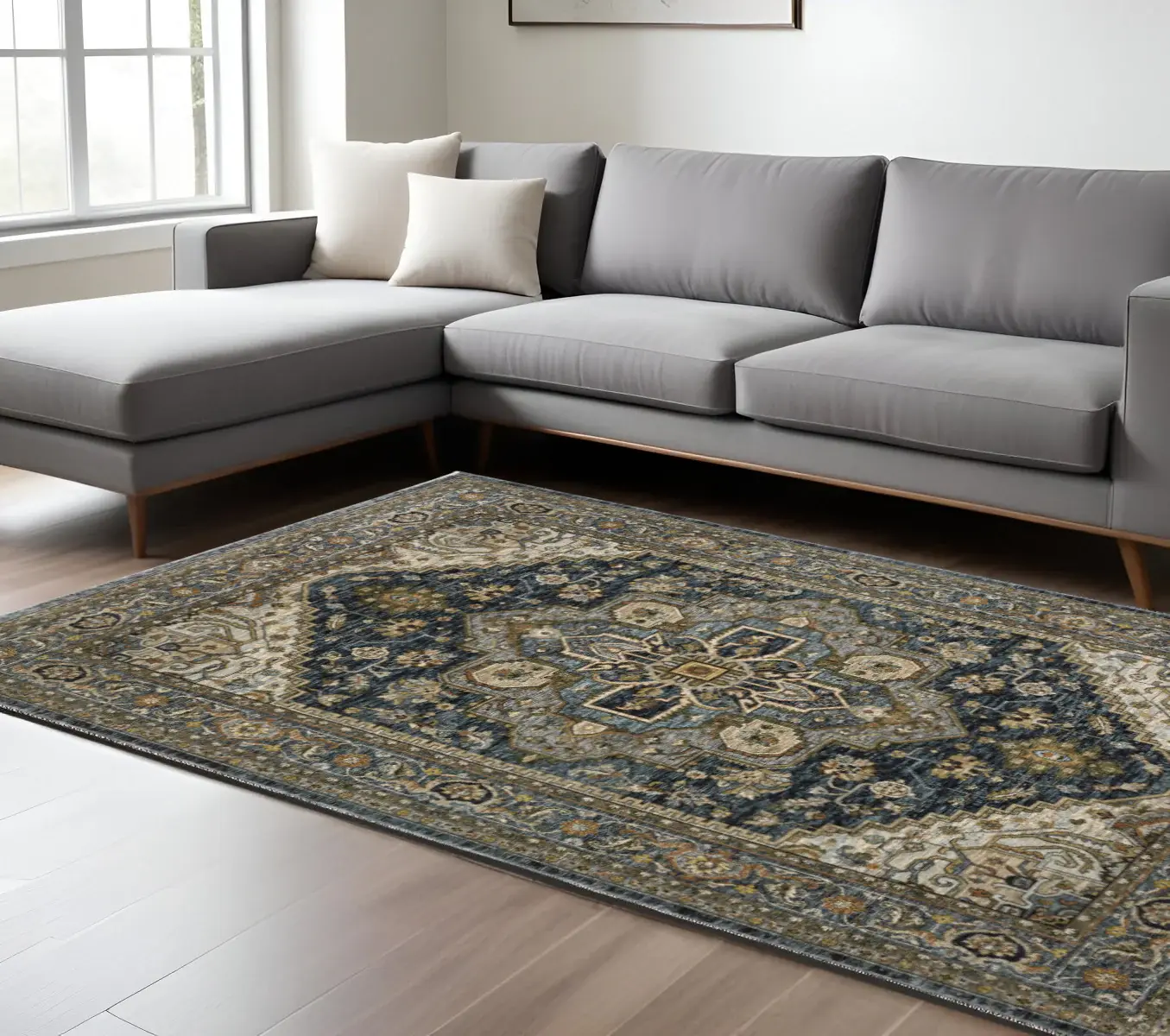 6' X 9' Blue Taupe Grey Green Rust Tan Beige And Gold Oriental Power Loom Stain Resistant Area Rug With Fringe
