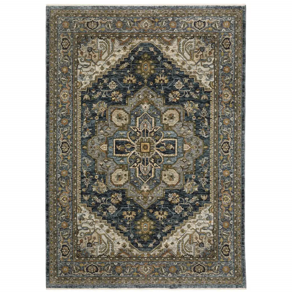 6' X 9' Blue Taupe Grey Green Rust Tan Beige And Gold Oriental Power Loom Stain Resistant Area Rug With Fringe - Image 2