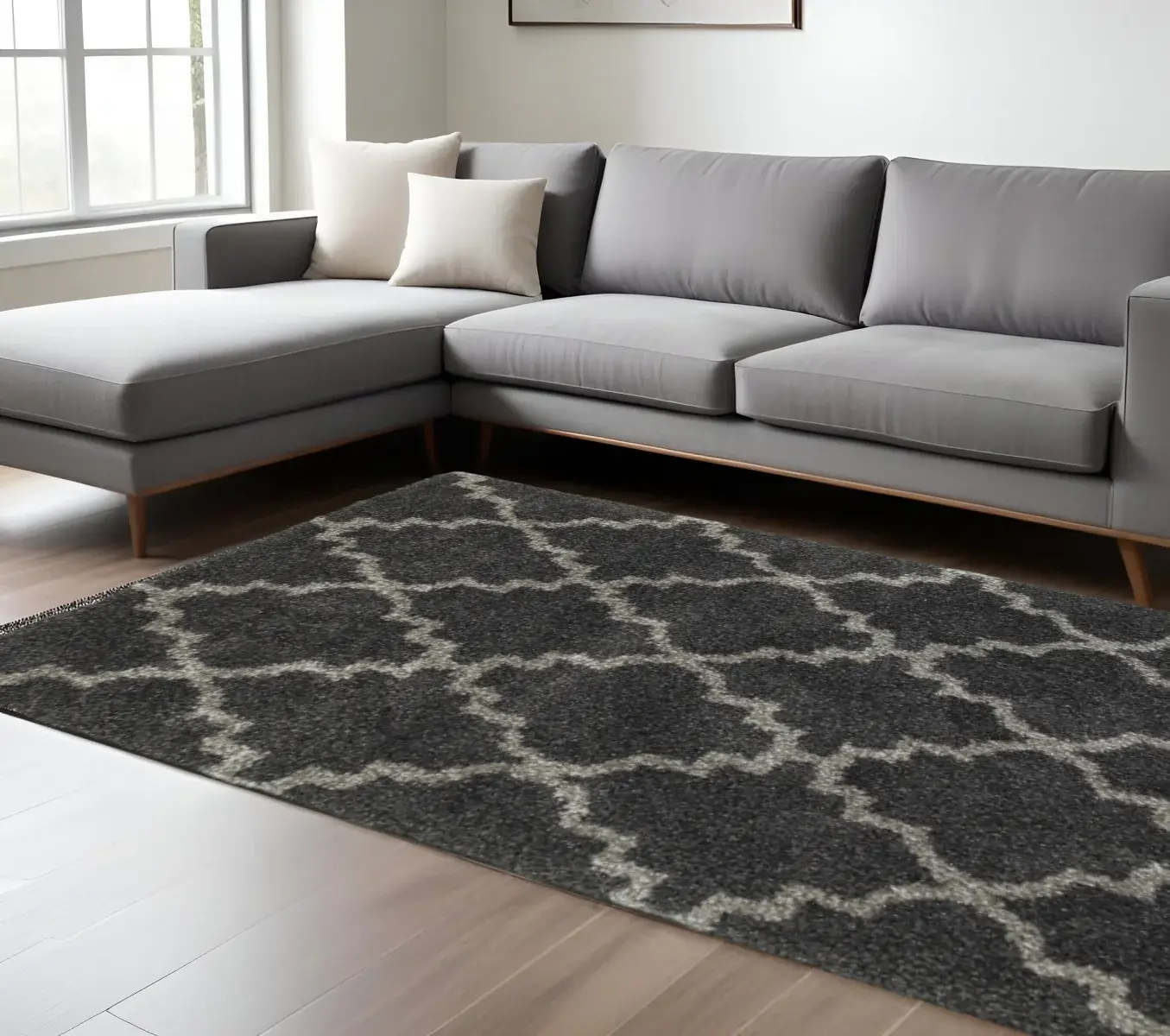 6' X 9' Charcoal And Grey Geometric Shag Power Loom Stain Resistant Area Rug