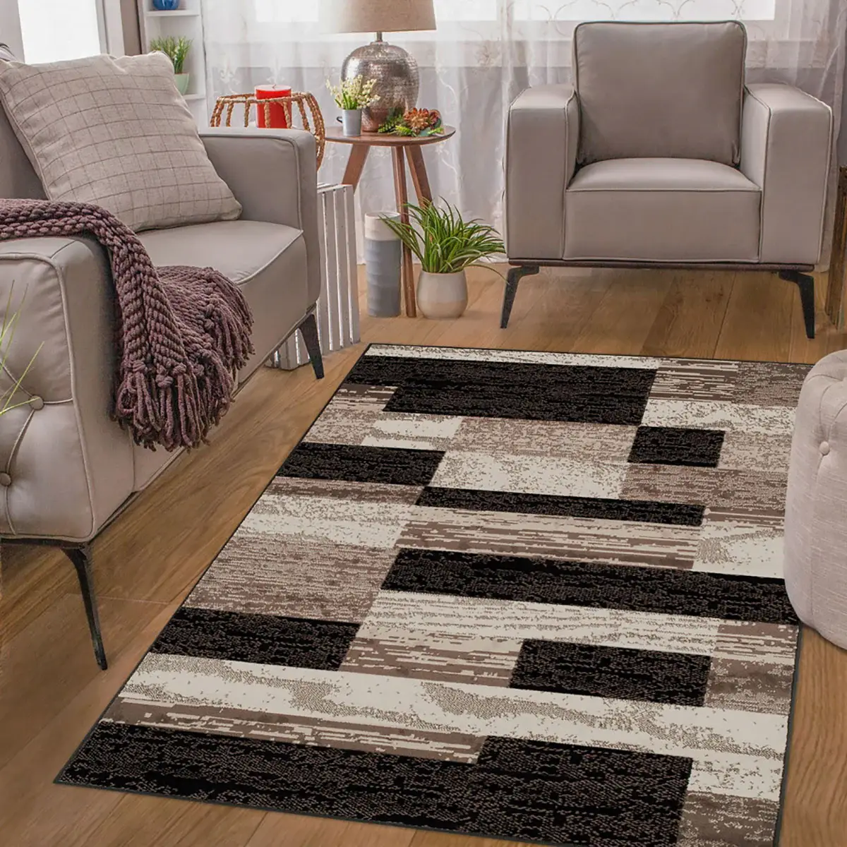 6' X 9' Chocolate Patchwork Power Loom Stain Resistant Area Rug - Image 3