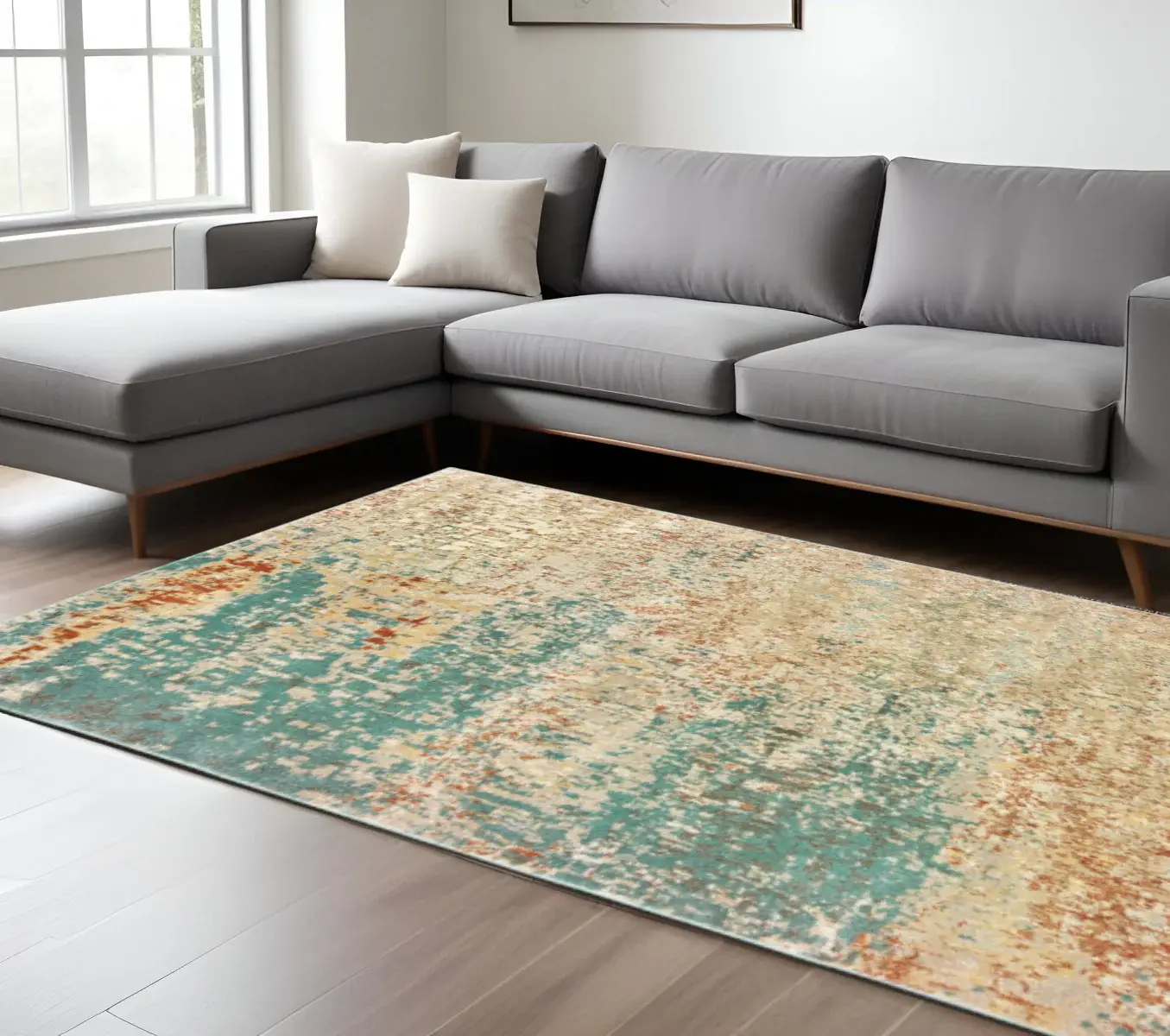 6' X 9' Foam Blue Pumpkin And Golden Yellow Abstract Power Loom Stain Resistant Area Rug