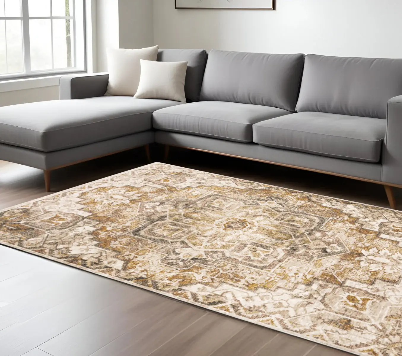 6' X 9' Gold And Ivory Oriental Power Loom Stain Resistant Area Rug With Fringe