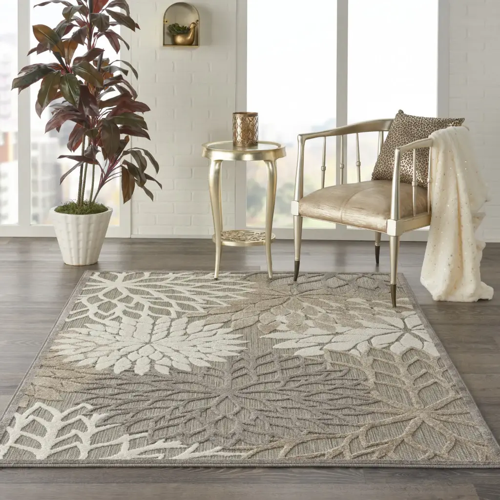 6' X 9' Gray And Ivory Floral Indoor Outdoor Area Rug - Image 3