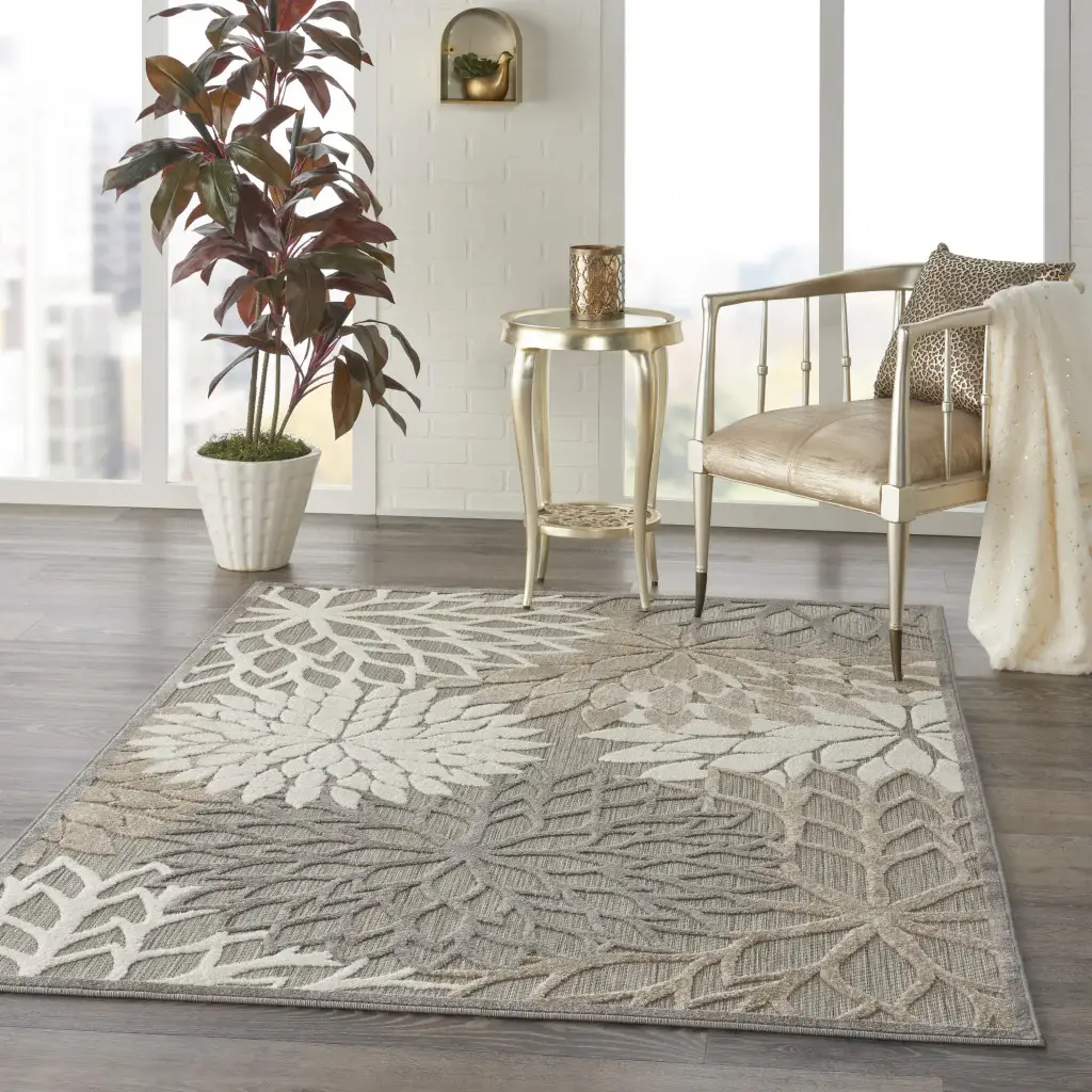 6' X 9' Gray And Ivory Floral Indoor Outdoor Area Rug - Image 4