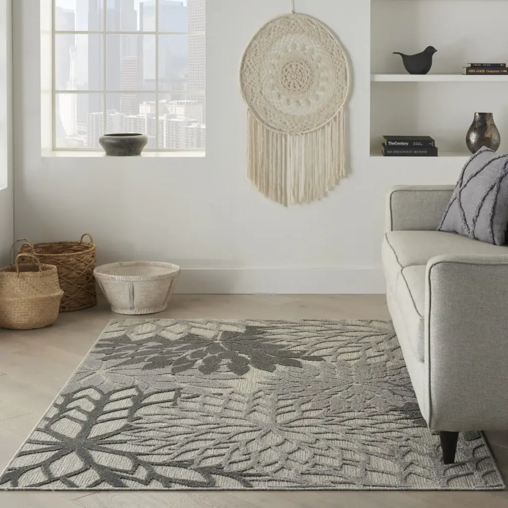 6' X 9' Gray Floral Indoor Outdoor Area Rug - Image 2