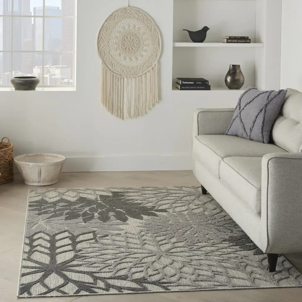 6' X 9' Gray Floral Indoor Outdoor Area Rug - Image 4