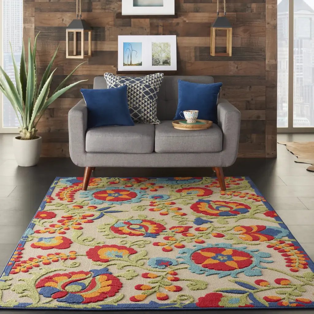 6' X 9' Green And Ivory Floral Indoor Outdoor Area Rug - Image 6