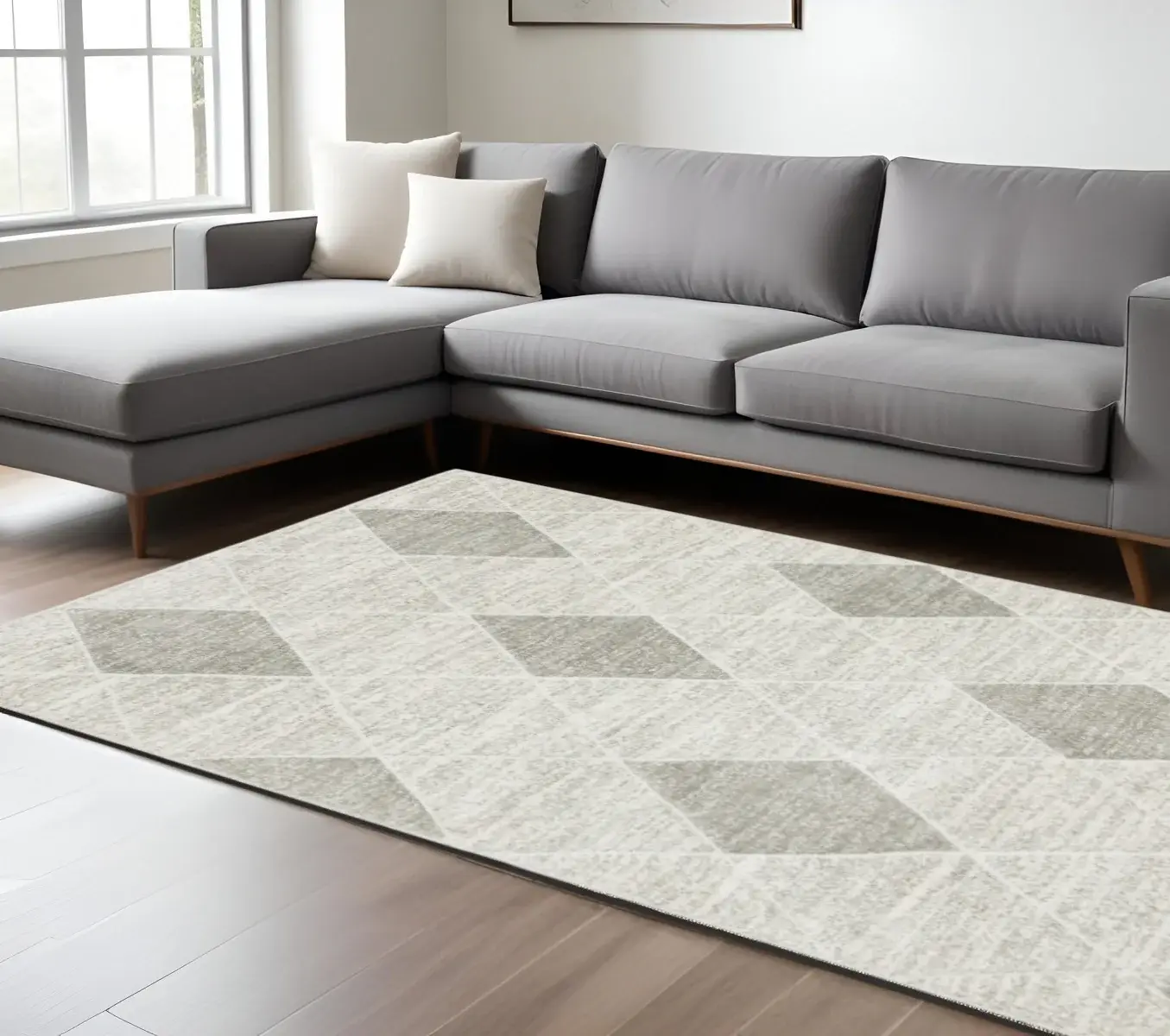 6' X 9' Grey And Ivory Geometric Power Loom Stain Resistant Area Rug