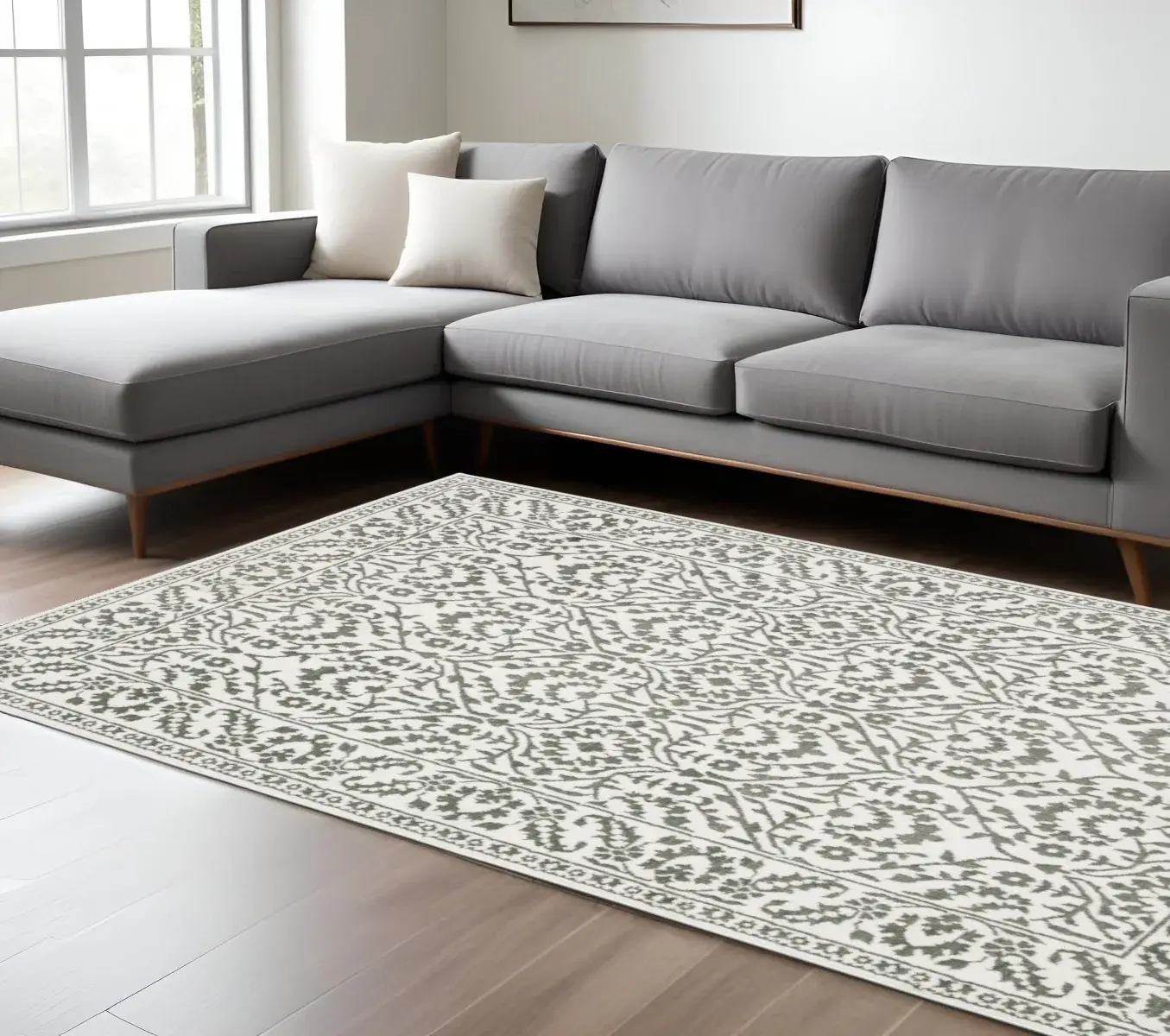 6' X 9' Grey And White Floral Power Loom Stain Resistant Area Rug