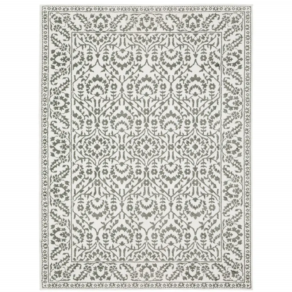 6' X 9' Grey And White Floral Power Loom Stain Resistant Area Rug - Image 2