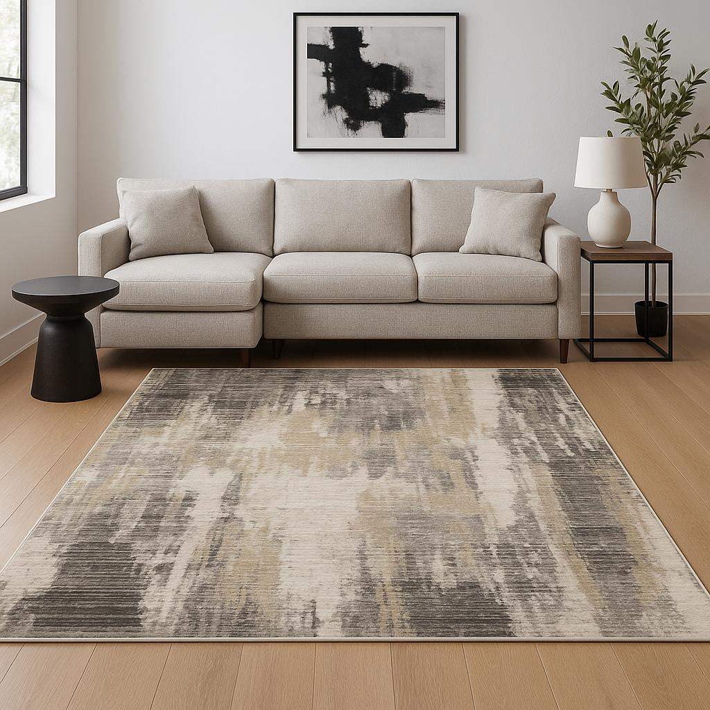 6' X 9' Grey Beige Charcoal Brown Tan And Ivory Abstract Power Loom Stain Resistant Area Rug