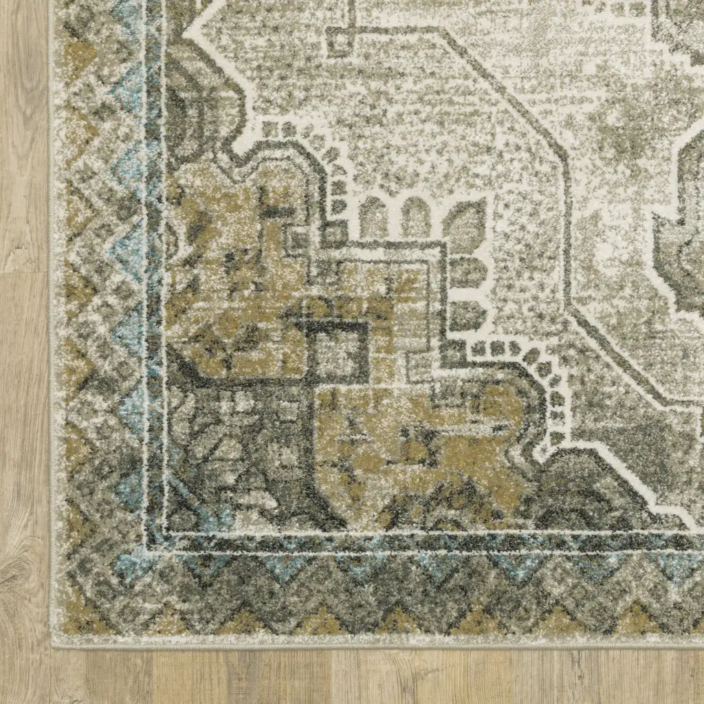 6' X 9' Grey Blue Beige And Gold Oriental Power Loom Stain Resistant Area Rug - Image 4