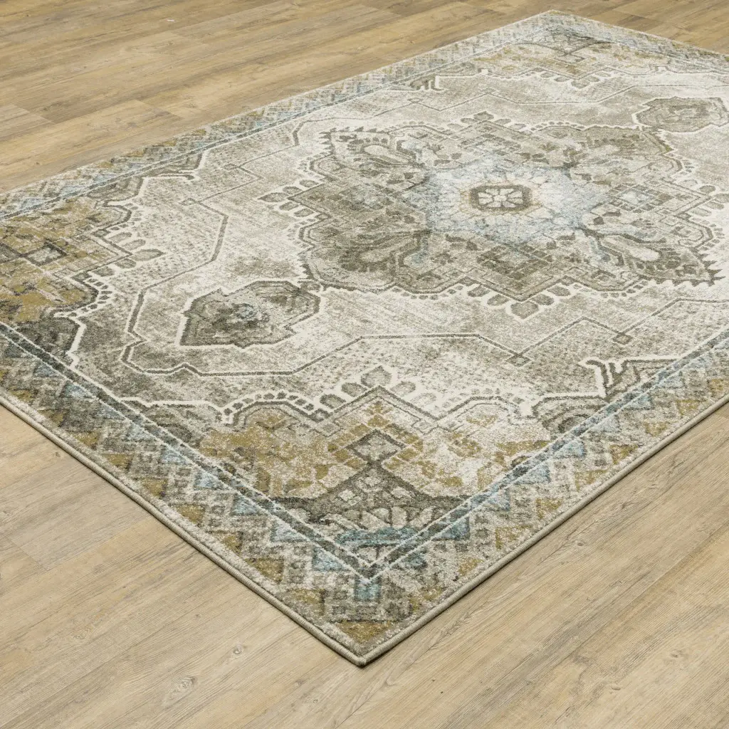 6' X 9' Grey Blue Beige And Gold Oriental Power Loom Stain Resistant Area Rug - Image 6