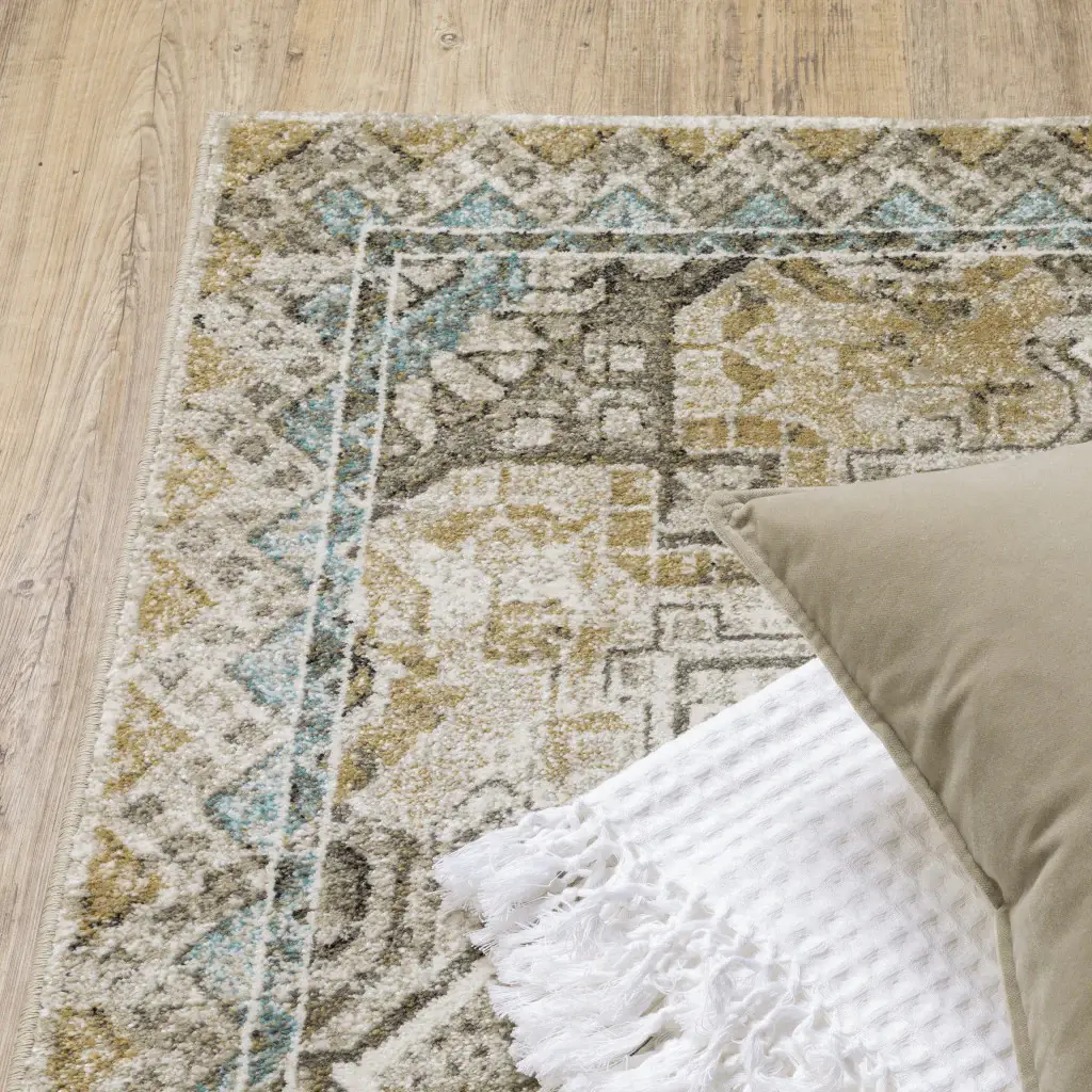 6' X 9' Grey Blue Beige And Gold Oriental Power Loom Stain Resistant Area Rug - Image 7