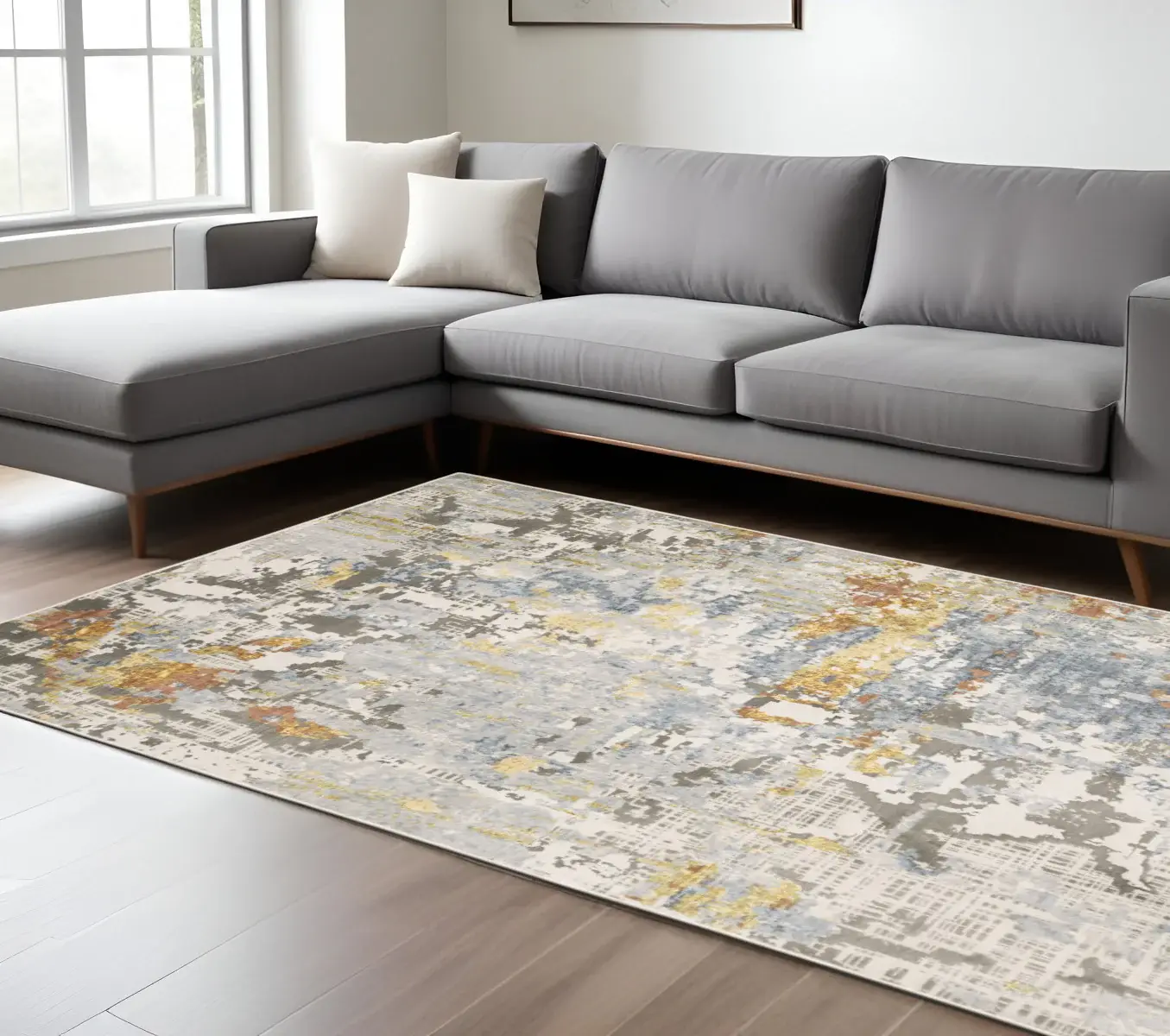 6' X 9' Grey Blue Beige Gold And Rust Abstract Power Loom Stain Resistant Area Rug