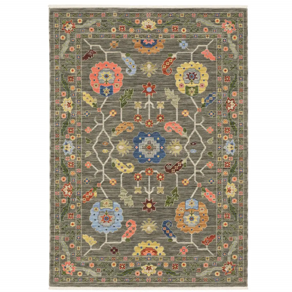 6' X 9' Grey Blue Pink Orange Rust Red Green And Ivory Oriental Power Loom Stain Resistant Area Rug With Fringe - Image 2