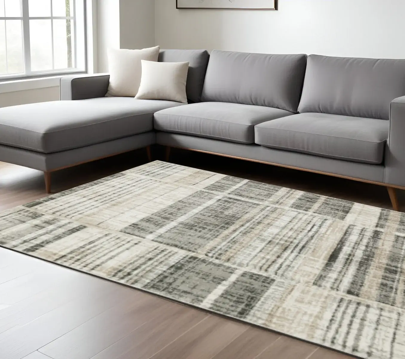 6' X 9' Grey Charcoal Ivory Tan Brown And Beige Geometric Power Loom Stain Resistant Area Rug - Image 2