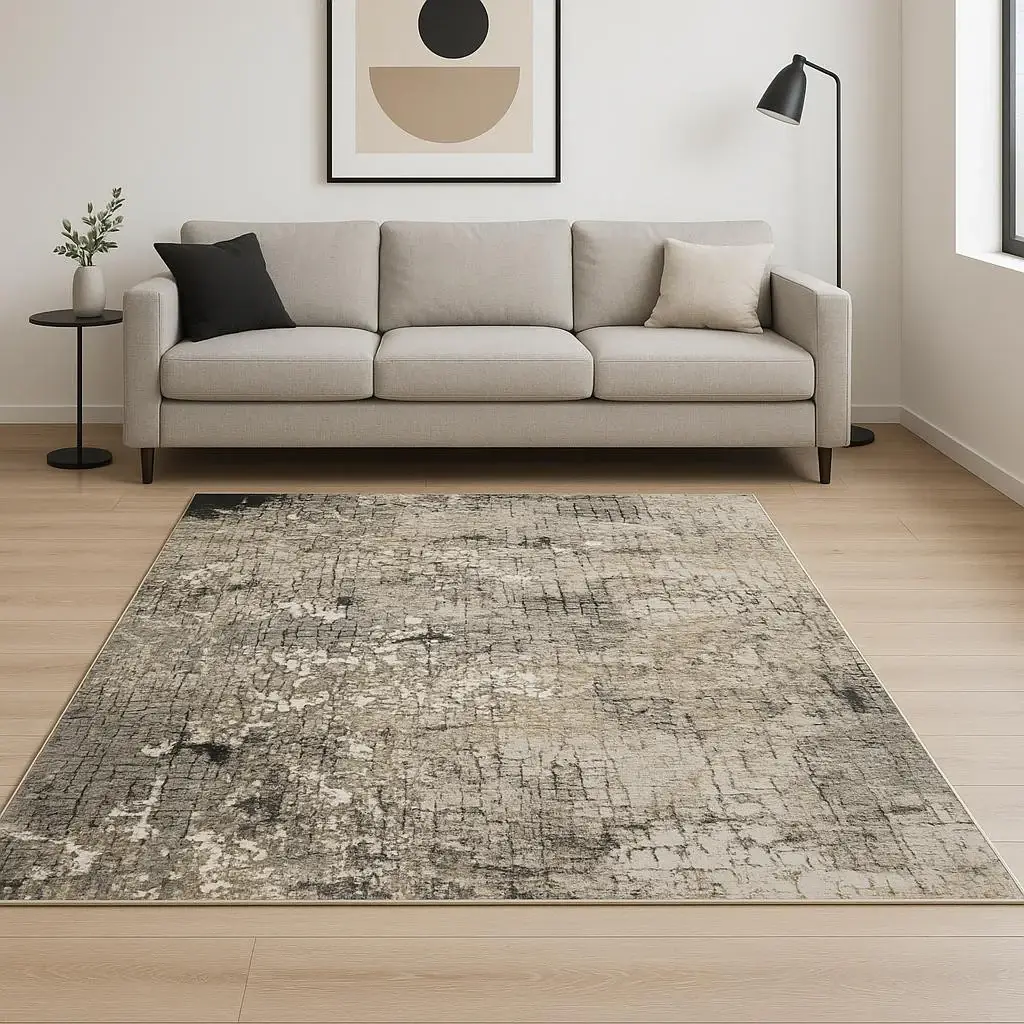 6' X 9' Grey Ivory Beige Charcoal Black Tan And Brown Abstract Power Loom Stain Resistant Area Rug