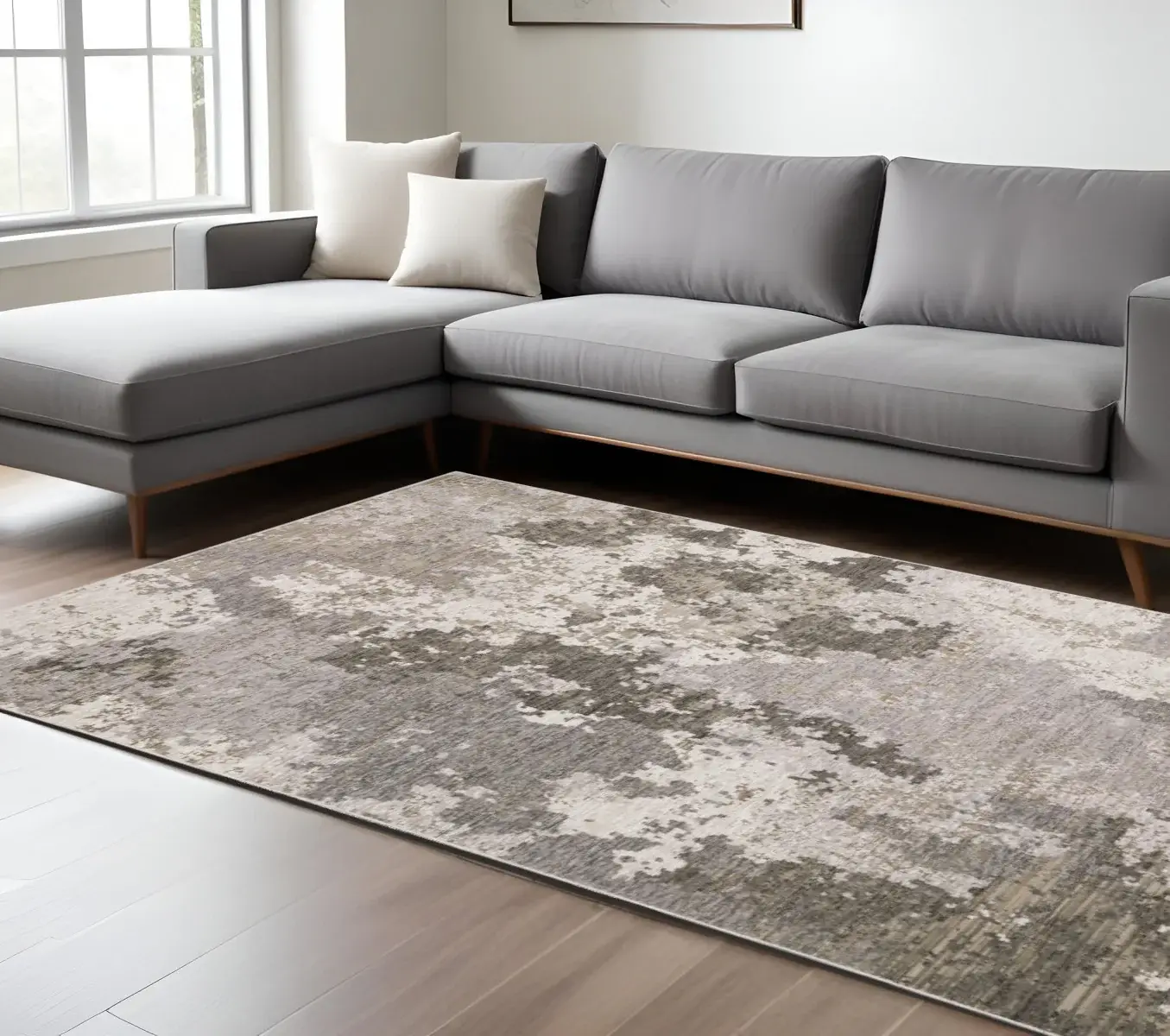 6' X 9' Grey Ivory Beige Tan Brown And Black Abstract Power Loom Stain Resistant Area Rug