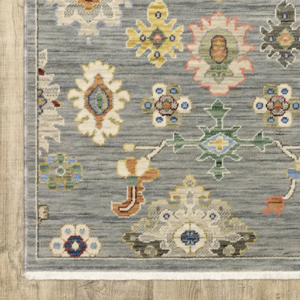 6' X 9' Grey Ivory Gold Salmon Red Blue And Green Oriental Power Loom Stain Resistant Area Rug With Fringe - Image 3