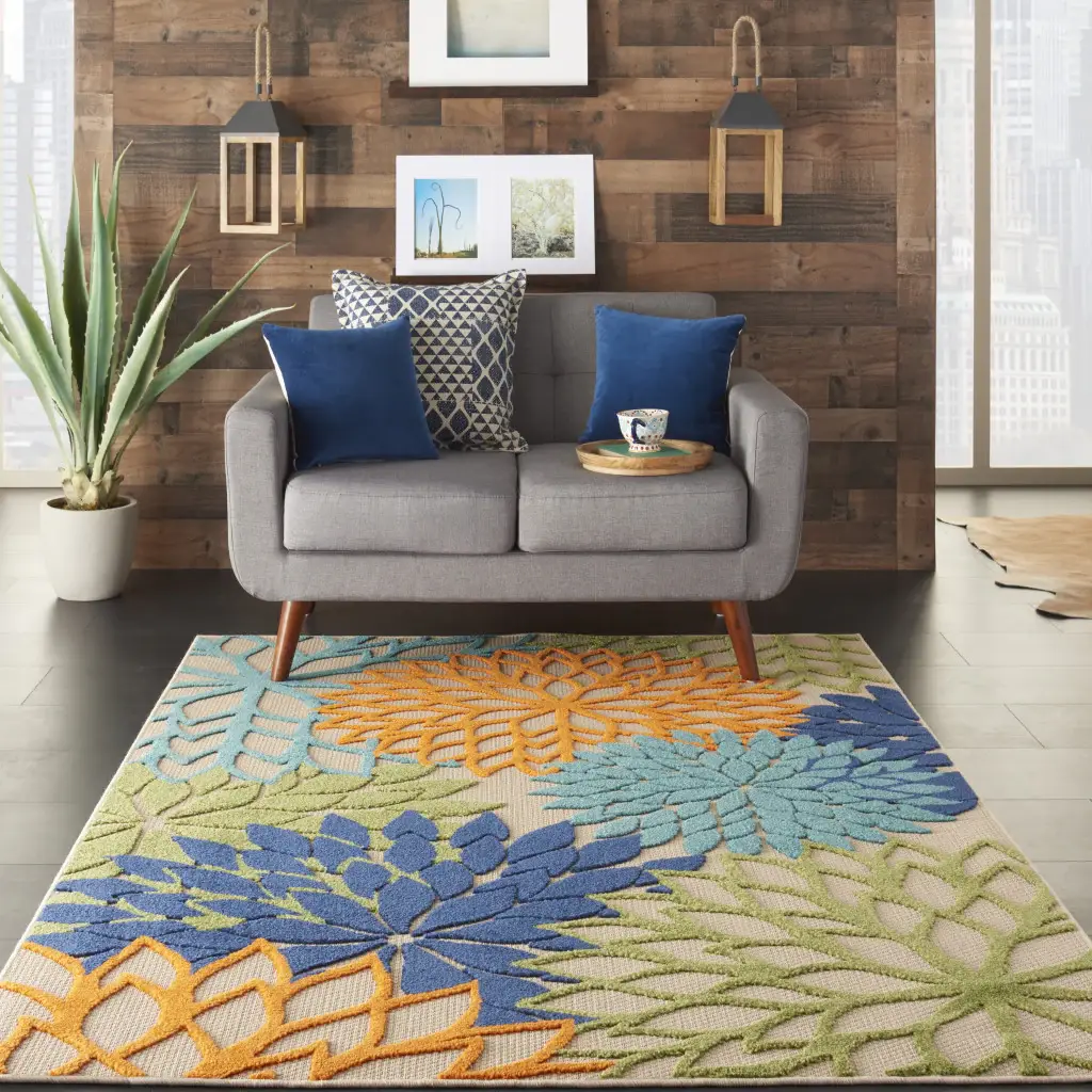 6' X 9' Ivory And Blue Floral Indoor Outdoor Area Rug - Image 6