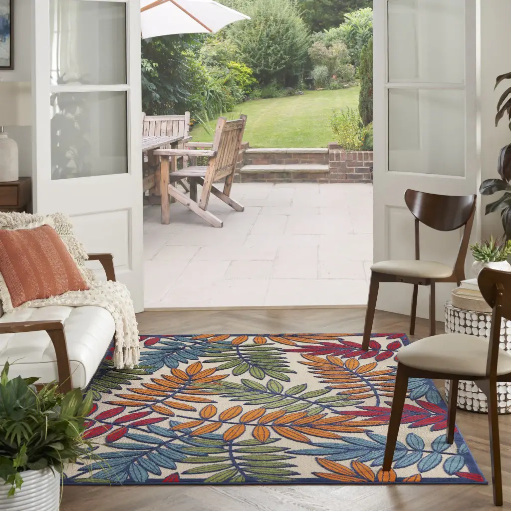 6' X 9' Ivory And Blue Floral Indoor Outdoor Area Rug - Image 6