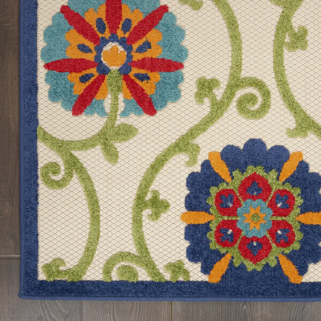 6' X 9' Ivory And Blue Floral Indoor Outdoor Area Rug - Image 2