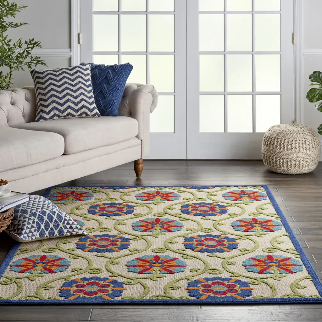 6' X 9' Ivory And Blue Floral Indoor Outdoor Area Rug - Image 6