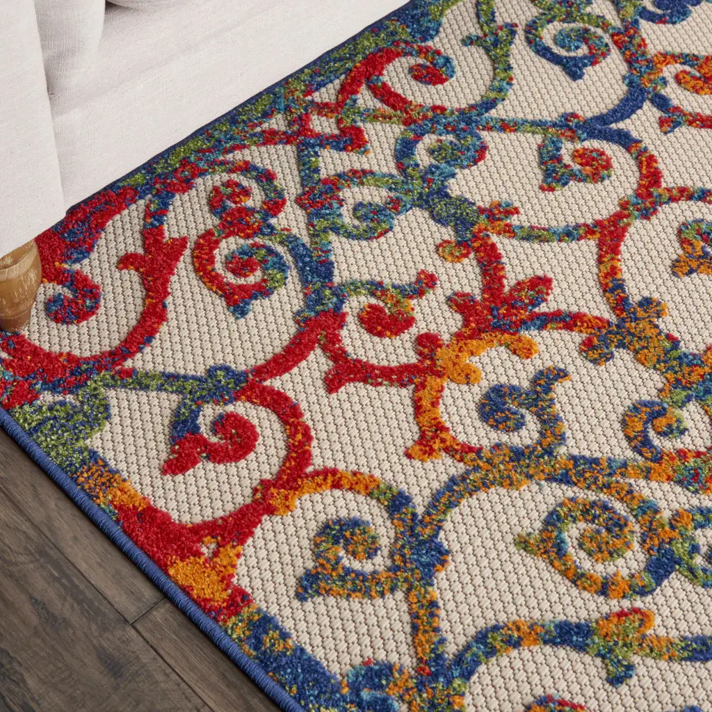 6' X 9' Ivory And Blue Floral Indoor Outdoor Area Rug - Image 3