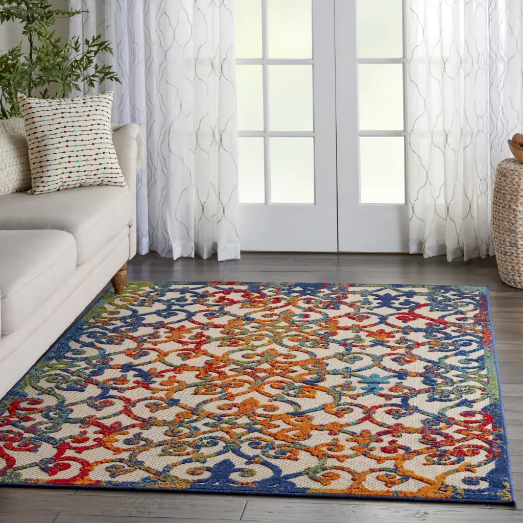 6' X 9' Ivory And Blue Floral Indoor Outdoor Area Rug - Image 4