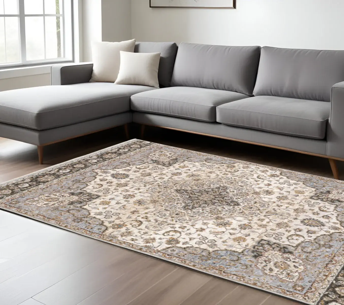 6' X 9' Ivory And Blue Oriental Power Loom Stain Resistant Area Rug With Fringe