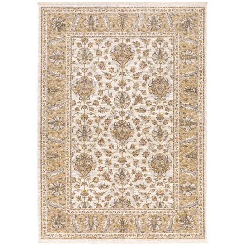 6' X 9' Ivory And Gold Oriental Power Loom Stain Resistant Area Rug With Fringe - Image 2